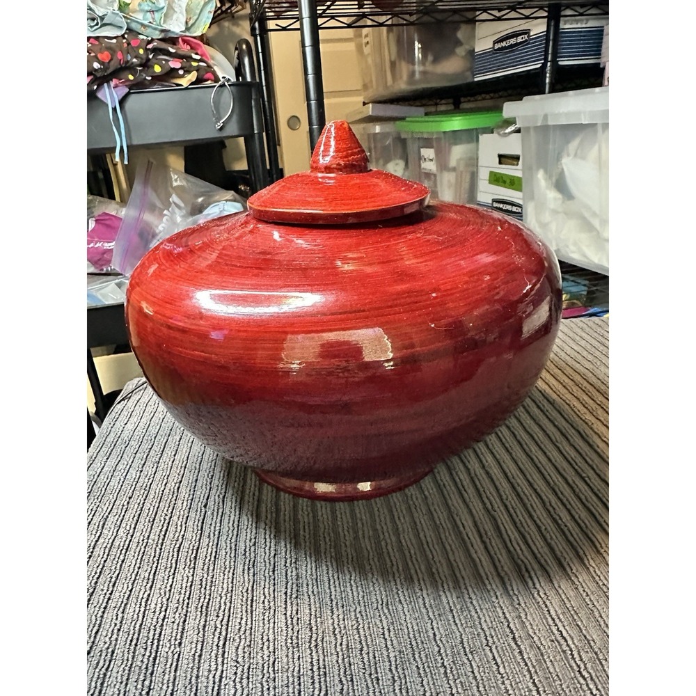 World Market Red Lacquered Spun Bamboo Ginger Jar with Lid Made in Vietnam